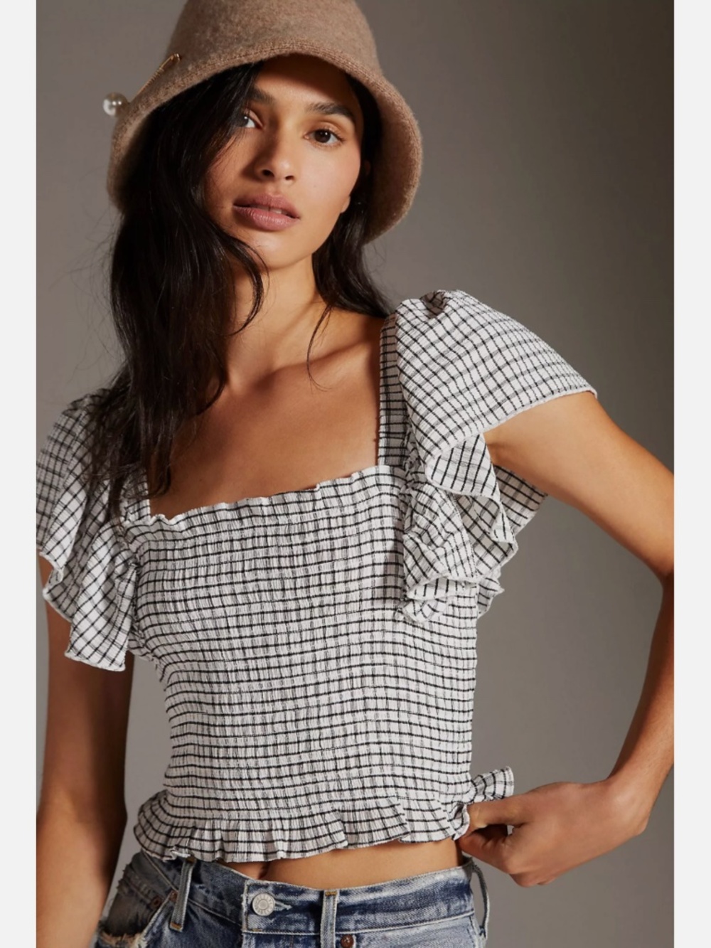 ANTHROPOLOGIE MAEVE CRINKLE GINGHAM SMOCKED TOP